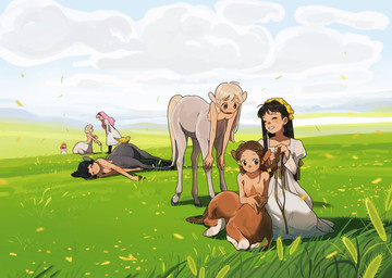 animal_ears black_body black_fur black_hair braided_hair braiding_hair breasts brown_body brown_fur brown_hair clothed clothed_human clothing cloud day dress eyes_closed featureless_breasts female flower flower_crown fully_clothed fully_clothed_human fur grass grey_body grey_fur group hair hooves leaning leaning_forward light_body light_skin lying nude nude_female nude_taur on_side personal_grooming pink_hair plant quadruped sitting sky standing styling_hair tail white_clothing white_dress carol_caocao european_mythology greek_mythology mythology ambient_bird centaur equid equid_taur human humanoid_taur mammal mammal_taur taur hi_res
