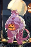 anthro asian_clothing belly blush bulge clothing east_asian_clothing fundoshi fur holidays jack-o'-lantern japanese_clothing male moobs mummy_costume mummy_wrappings nipples overweight overweight_male pink_body pink_fur solo underwear tengzai05 halloween tamacolle bungo_(tamacolle) domestic_cat felid feline felis mammal hi_res