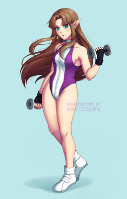blue_eyes bodily_fluids breasts brown_hair clothing dumbbell ear_piercing exercise eyebrows eyelashes female fingerless_gloves footwear gloves hair handwear humanoid_pointy_ears leotard long_hair looking_at_viewer not_furry open_mouth piercing pointy_ears shoes simple_background sneakers solo sweat text weights workout adricarra nintendo the_legend_of_zelda princess_zelda humanoid hylian 2021 absurd_res artist_name hi_res watermark