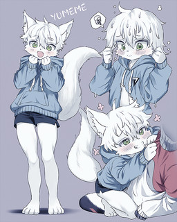anthro blush bodily_fluids bottomwear clothed clothing feet fluffy fluffy_tail fur green_eyes grey_background hoodie kemono male on_lap paws pointy_ears shorts simple_background sitting_on_another sitting_on_lap skimpy solo tail tears topwear wet white_body white_fur young young_anthro young_male go_(1o22g) yumeme_(ishiharaymm) canid canine canis mammal wolf 4:5 alternate_version_at_source