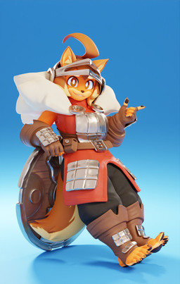5_fingers 5_toes anthro armor barefoot clothed clothing feet female fingers fur gesture hair hand_gesture headgear helmet leaning_on_object multicolored_body multicolored_fur pawpads paws pointing pose shield simple_background solo stirrup_footwear tan_body tan_fur toes connivingrat dog_knight_rpg maci_(ceehaz) canid canine canis domestic_dog mammal pomeranian spitz 2023 3d_(artwork) digital_media_(artwork) hi_res