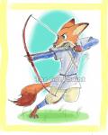 anthro arrow_(weapon) asian_clothing bow_(weapon) clothed clothing dipstick_ears dipstick_tail ear_markings east_asian_clothing green_eyes japanese_clothing longbow male markings melee_weapon multicolored_ears multicolored_tail ranged_weapon shirt simple_background solo sword tail tail_markings topwear tunic weapon yumi_(bow) the_gory_saint disney ghibli princess_mononoke zootopia ashitaka nick_wilde canid canine fox mammal red_fox true_fox 2018 hi_res