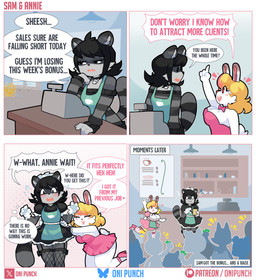 anthro apron big_breasts black_body black_clothing black_dress black_eyes black_fur black_hair black_nose blonde_hair blush breasts brown_ear_tips cashier cleavage clothed clothing coffee_shop crowd dialogue dipstick_ears dot_eyes dress duo_focus ear_markings embarrassed eye_contact eyelashes eyes_closed female female_anthro food fur gloves green_apron green_clothing grey_body grey_fur group hair handwear holding_notebook inside jewelry looking_at_another maid_uniform markings mole_(marking) mole_on_breast mole_under_mouth multicolored_ears necklace onigiri pink_clothing pink_dress pink_eyes pink_nose pink_ribbon raised_tail rice short_hair simple_eyes skull_necklace tail text thought_bubble uniform white_body white_clothing white_fur white_gloves white_handwear onigiri_punch annie_(onigiri_punch) sam_(onigiri_punch) lagomorph leporid mammal procyonid rabbit raccoon absurd_res comic english_text hi_res