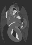 ambiguous_gender anthro apode blush breast_pillow breast_rest breasts coiling coiling_another duo entwined feathered_crest feathered_tail feathered_wings feathers female head_crest hug legless love romantic romantic_couple serpentine simple_background tail wings lizardanon boa_(snake) couatl draconcopode feathered_scalie feathered_snake human mammal naga reptile scalie snake hi_res monochrome