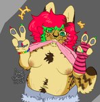 anthro belly breasts clothed clothing female hair overweight partially_clothed pink_hair pubes small_breasts solo goreforum kandi_(goreforum) felid feline mammal serval hi_res