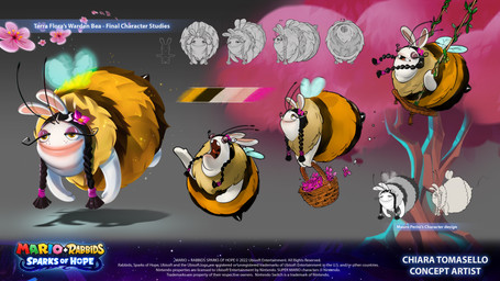 accessory antennae_(anatomy) anthro basket black_antennae black_body black_fur black_hair blue_wings braided_pigtails buckteeth closed_smile color_swatch comparing container copyright_symbol eyelashes eyes_closed eyeshadow female female_anthro flower flower_in_hair flying freckled_face freckles front_view frown fur grey_body grey_fur hair hair_accessory holding_basket holding_container holding_object insect_wings legless light long_ears long_eyelashes lying_on_swing makeup mitten_hands mouth_closed multicolored_body multicolored_fur noseless open_frown open_mouth pink_flower pink_hair_tie plant purple_eyeshadow rear_view relaxed_expression side_view simple_background singing smile solo stinger swing swinging symbol teeth text text_box tree white_body white_fur wings yellow_body yellow_eyes yellow_fur chiara_tomasello mauro_perini mario_bros mario_plus_rabbids_sparks_of_hope nintendo raving_rabbids rayman_(series) ubisoft bea_(mario_plus_rabbids) arthropod bee bee-rabbid hybrid hymenopteran insect lagomorph mammal rabbid 16:9 2023 4k absurd_res artist_collaboration artist_name colored crossover digital_drawing_(artwork) digital_media_(artwork) english_description english_text hi_res lighting official_art shaded widescreen