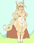 absurd_res anthro athletic blonde_hair felid feline female genitals hair hands_on_hips hi_res long_tail mammal nipples nude outside pose pussy questioning ren_eliwood solo sparky_(rainbow_blackmore) tail thick_thighs vitiligo wide_hips