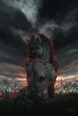 anthro backlighting biped black_nipples black_nose breasts cloud dark detailed_background detailed_fur female fur grass grey_body grey_fur light nipples nude outdoor_nudity outside overcast plant pose realistic sitting sky solo sunset balaa hyena mammal spotted_hyena 2014 dark_theme detailed hi_res lighting pinup