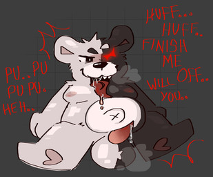 anthro balls belly big_balls bodily_fluids breath genital_fluids genitals male mascot navel penis precum saliva slightly_chubby slightly_chubby_male solo theinternetizkillz danganronpa spike_chunsoft monokuma bear mammal hi_res