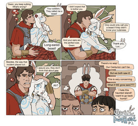 annoyed anthro bodypaint breasts casual_exposure clothed clothing cuddling dialogue duo featureless_breasts female imagination male outside speech_bubble text topless toffee_32 gwen_(toffee_32) lucas_(toffee_32) animal_humanoid human humanoid lagomorph lagomorph_humanoid leporid_humanoid mammal mammal_humanoid rabbit_humanoid absurd_res comic english_text hi_res