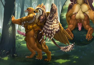 anal anal_penetration anthro anthro_on_anthro anthro_penetrated anthro_penetrating anthro_penetrating_anthro armor ball_size_difference balls behind_another behind_tree blush bodily_fluids clenched_eyes cum cum_in_ass cum_inside doggystyle dominant dominant_anthro dominant_male erection eyes_closed forest from_behind_position genital_fluids genitals king_eve_(golden_axe_3) knot male male/male muscular muscular_anthro penetration penis plant raised_tail sex side_view smug_face smug_grin spread_wings standing standing_sex tail tree wide_eyed wings dead.akira avian bird falcon falconid lanner_falcon
