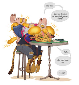 3_toes anthro bar_stool barefoot belt blood bodily_fluids bottomwear bracelet chair claws clothing cloven_hooves denim denim_bottomwear denim_clothing denim_shorts duo emanata eyelashes feet female finger_claws fingers fur furniture glowing glowing_body glowing_fur green_eyes half-closed_eyes hoodie hooved_fingers hooved_plantigrade hooved_toes hooves jeans jersey jewelry long_sleeves long_tail looking_at_another lying lying_on_another markings narrowed_eyes on_back on_chair on_table open_mouth pants paws plantigrade shirt shorts simple_background sitting slumped soles speech_bubble spots spotted_body spotted_fur stool striped_markings stripes table tail text tired toe_claws toes topwear torn_bottomwear torn_clothing torn_jeans torn_pants yellow_eyes ruffu merina_(ruffu) pepper_(ruffu) bovid caprine domestic_sheep felid feline mammal merino_sheep serval sheep digital_drawing_(artwork) digital_media_(artwork)