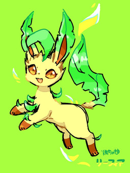 ambiguous_gender brown_eyes feral green_background leaf leaf_tail looking_at_viewer multicolored_ears open_mouth simple_background solo tail tan_body yakiniku628 nintendo pokemon eeveelution generation_4_pokemon leafeon pokemon_(species)