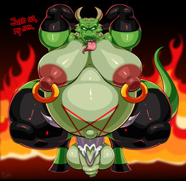 anthro arm_warmers armwear balls beard belly big_moobs black_bars bone clothing facial_hair fire genitals green_body hair hands_behind_head hooves horn huge_moobs hyper hyper_moobs leg_warmers leggings legwear male moobs navel nipple_piercing nipples nude obese obese_anthro obese_male occult_symbol overweight overweight_anthro overweight_male penis pentagram piercing skull solo symbol tail tongue tongue_out bobthetanuki asian_mythology east_asian_mythology morenatsu mythology tappei_midoriya dragon eastern_dragon mammal mythological_creature mythological_scalie scalie absurd_res hi_res letterbox