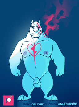 animal_genitalia anthro balls black_sclera chest_markings facial_markings fully_sheathed genitals head_markings heart_(marking) male markings musclegut muscular muscular_anthro muscular_male nipples nude overweight overweight_anthro overweight_male patreon_logo pecs pupils red_markings red_pupils red_sclera sheath simple_background solo standing text white_balls white_body white_eyes white_sheath chocolateandmilk patreon canid canine canis domestic_dog mammal 2023 dated hi_res signature url