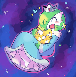 ambiguous_gender blush clothing cosplay crossover_cosplay crown daww dress duo ear_piercing ear_ring eyelashes female floating green_body green_hair hair headgear heart_symbol hug hugging_another larger_female larger_humanoid multicolored_body open_mouth petticoat piercing pseudo_hair ring_piercing shoulderless_dress size_difference smaller_ambiguous smile space star white_body melfunnysmell mario_bros nintendo pokemon super_mario_galaxy gaba_(melfunnysmell) rosalina_(mario) gardevoir generation_3_pokemon generation_7_pokemon humanoid minior minior_(meteor_form) pokemon_(species) 2026 crossover digital_drawing_(artwork) digital_media_(artwork)