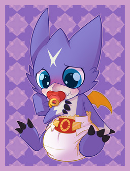black_claws blue_eyes blush border claws clean_diaper clothed clothing diaper diaper_fetish male object_in_mouth pacifier pacifier_in_mouth pink_border purple_background purple_body simple_background sitting small_wings solo toe_claws wearing_diaper wings bubblepuppers bandai_namco digimon mythology digimon_(species) dragon gumdramon mythological_creature mythological_scalie scalie