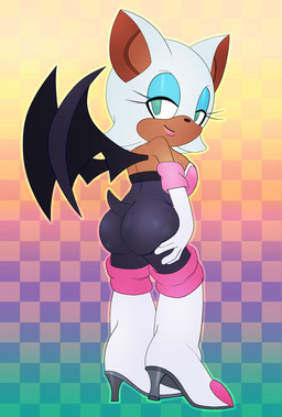 anthro armwear bat_wings bodysuit butt clothed clothing elbow_gloves female footwear gloves handwear high_heels looking_at_viewer looking_back membrane_(anatomy) membranous_wings pattern_background rear_view shoes simple_background skinsuit smile solo tight_clothing wings saltorii sega sonic_the_hedgehog_(series) rouge_the_bat bat mammal hi_res
