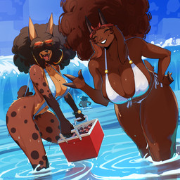2_horns afro anthro big_breasts black_hair black_horn black_lips breasts cleavage clothed clothing cooler curvy_figure duo ear_piercing ear_ring eyewear eyewear_on_head fangs female fingers floppy_ears glass_bottle hair hoop_ear_ring hooved_fingers hooves horn lips long_ears one-piece_swimsuit open_mouth partially_submerged piercing ring_piercing short_tail sling_bikini smile soda_bottle standing_in_water sunglasses sunglasses_on_head swimwear tail teeth thick_thighs wave muart242 colla_(muart242) mutt_(muart242) bovid canid canine canis caprine domestic_dog goat mammal 1:1 absurd_res hi_res
