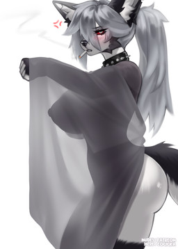 annoyed anthro arched_back bangs big_breasts big_butt black_ears black_nose blush blush_lines breasts butt cape cheek_tuft cigarette cigarette_in_mouth cigarette_smoke clothing collar cross-popping_vein ears_up eyebrow_through_hair eyebrows eyelashes eyelashes_through_hair facial_tuft female fingerless_(marking) fur grey_body grey_fur hair head_turned ineffective_cover inner_ear_fluff long_eyelashes long_ponytail looking_at_viewer makeup mascara narrowed_eyes nipples notched_ear nude object_in_mouth ponytail red_sclera side_view simple_background smoke solo spiked_collar spikes tail thick_thighs three-quarter_view translucent translucent_clothing translucent_hair tuft white_background white_body white_eyes white_fur white_hair white_inner_ear white_inner_ear_fluff cocicka conditional_dnp hellaverse helluva_boss mythology loona_(helluva_boss) canid canid_demon canine demon hellhound mammal mythological_canine mythological_creature 2026 digital_media_(artwork) hi_res