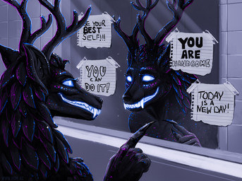 anthro antlers bioluminescence black_body black_fur casual_nudity fangs female fur gesture glowing glowing_eyes glowing_teeth hand_gesture horn mirror mirror_reflection motivating note pointing pointing_at_self pointy_ears reflection sharp_teeth smile solo sparkles teeth text lenika vitaly_s_alexius american_mythology indigenous_north_american_mythology mythology north_american_mythology stupid_sexy_cryptids starshade cryptid omnid wendigo 3d_(artwork) digital_media_(artwork) handwritten_text hi_res