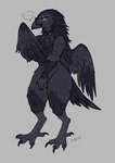 4_fingers anthro beak biped black_body black_feathers blush claws eyebrows eyelashes eyeshadow feathered_wings feathers feet female finger_claws fingers grey_background jewelry looking_at_viewer makeup necklace necklace_only nude purple_eyeshadow simple_background solo speech_bubble standing tail tail_feathers talon_hands talons thick_thighs toes wings yellow_eyes conditional_dnp puddingpaw avian bird corvid corvus_(genus) crow oscine passerine 2024 digital_media_(artwork) full-length_portrait hi_res portrait