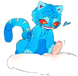 balls bestiality blue_body blue_fur bodily_fluids duo erection feral fur genitals heart_symbol human_on_feral humanoid_genitalia humanoid_penis interspecies male male/male male_on_feral nude open_mouth penis red_sclera sex simple_background smile sweat tail teeth tongue white_background yellow_eyes ramssa kpop_demon_hunters derpy_(kpop_demon_hunters) felid feline felis human mammal pantherine tiger