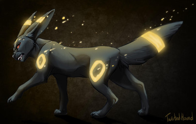 ambiguous_gender angry big_ears black_body black_fur dark depth_of_field digitigrade feral fur glare glowing looking_at_viewer open_mouth quadruped red_eyes side_view simple_background solo teeth twistedhound nintendo pokemon eeveelution generation_2_pokemon pokemon_(species) umbreon 2014 hi_res