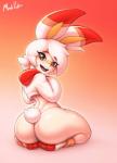 anthro anthrofied blush butt clothing female hoodie looking_at_viewer looking_back nude rear_view simple_background smile solo teeth topwear mark_patten nintendo pokemon generation_8_pokemon lagomorph mammal pokemon_(species) scorbunny 2019 hi_res