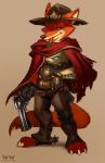 anthro bandolier belt_buckle brown_background buckle carrot cosplay duo food fur gun handgun male plant ranged_weapon revolver simple_background standing vegetable weapon leonwoon blizzard_entertainment disney overwatch zootopia cole_cassidy nick_wilde canid canine fox mammal red_fox true_fox 2016 absurd_res full-length_portrait hi_res portrait