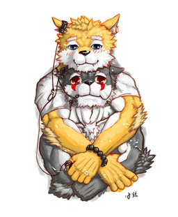 5_fingers anthro blue_eyes blush cross duo facial_markings fingers fur grey_body grey_fur head_markings holding_object inner_ear_fluff looking_at_viewer love male markings muscular orange_body orange_fur red_eyes simple_background tuft white_background white_body white_fur young young_anthro xiao_yao_xian_sen canid canine canis mammal wolf 2012