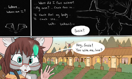 accessory anthro breasts brown_hair building clothing confusion dialogue eyebrows eyewear female gesture glasses grass hair hair_dye inner_ear_fluff inner_monologue motel nature nude outside plant raised_eyebrow speech_bubble sunset text thinking tree tuft waving waving_at_viewer lerasmel hilda_(lerasmel) susie_(lerasmel) lagomorph leporid mammal mouse murid murine rabbit rodent comic digital_drawing_(artwork) digital_media_(artwork) english_text hi_res