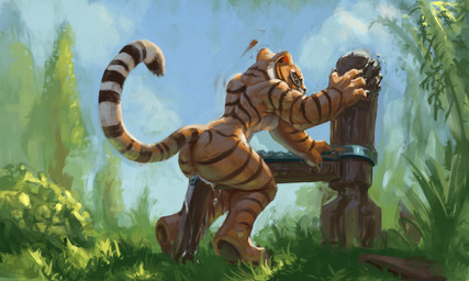 anthro athletic bodily_fluids butt dripping female genital_fluids grinding leaking_pussy_juice looking_at_viewer masturbation muscular muscular_female outdoor_nudity outside solo tail vaginal_fluid_drip vaginal_fluids monduck dreamworks kung_fu_panda master_tigress felid mammal pantherine tiger 5:3 absurd_res hi_res