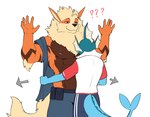 anthro blue_body clothed clothing dialogue duo fur hair looking_at_another male muscular muscular_anthro muscular_male officer open_clothing orange_body orange_fur running simple_background tail text undressing_another uniform white_background yolko_shark nintendo pokemon arcanine eeveelution generation_1_pokemon pokemon_(species) vaporeon 2025 absurd_res english_text hi_res