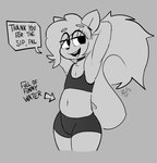 2022 absurd_res anthro biped bottomwear buxy clothed clothing coffee_(buxy) dialogue digital_drawing_(artwork) digital_media_(artwork) english_text femboy front_view fur greyscale hair hi_res male mammal monochrome open_mouth pre-transformation rodent sciurid shirt shorts simple_background smile solo speech_bubble standing tail tank_top text topwear tree_squirrel