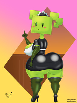 5_fingers areola armwear big_breasts big_butt black_clothing black_eyes black_footwear black_high_heels black_text blush blush_stickers breasts butt butt_pose cleavage clothed clothed_female clothed_humanoid clothing elbow_gloves eyelashes eyeshadow female fingers footwear gesture gloves green_body green_breasts green_butt green_eyeshadow green_hair green_skin hair half-closed_eyes hand_gesture hand_on_butt hand_on_own_butt handwear high_heels huge_butt legwear looking_at_viewer looking_back looking_back_at_viewer maid_headdress maid_uniform makeup middle_finger narrowed_eyes nipple_outline nipples not_furry pigtails pink_blush pose shoes smile solo square_(anatomy) square_head text thick_thighs thigh_highs uniform wide_hipped_female wide_hipped_humanoid wide_hips superstarplasma mario_bros nintendo paper_mario mimi_(paper_mario) humanoid 2023 3:4 absurd_res artist_name digital_media_(artwork) hi_res japanese_text shaded watermark