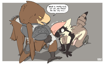 anthro anthro_on_anthro armor beak big_penis bodily_fluids dialogue erection feathered_wings feathers genital_fluids genitals male male/male penis plate_armor precum speech_bubble tail tail_feathers text wings sodacaps elden_ring elden_ring_nightreign fromsoftware guardian_(nightreign) raumsk avian bird absurd_res digital_media_(artwork) english_text hi_res