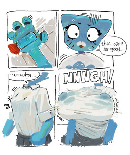 4_fingers anthro big_breasts big_nipples blue_body blue_fur bodily_fluids bottomwear breast_expansion breasts clothing erect_nipples expansion female fingers flat_chested fur huge_breasts motion_lines nipples nipples_visible_through_clothing scared shirt simple_background skirt solo speech_bubble standing sweat text tight_clothing topwear wet wet_clothing white_clothing white_shirt white_topwear anonymous_artist cartoon_network the_amazing_world_of_gumball nicole_watterson domestic_cat felid feline felis mammal comic