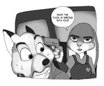 angry anthro bodily_fluids car clothing dialogue duo female gun held_at_gunpoint inside_car inside_vehicle male male/female profanity ranged_weapon sweat text uniform vehicle weapon banana_spear disney zootopia judy_hopps nick_wilde canid canine fox lagomorph leporid mammal rabbit red_fox true_fox english_text greyscale hi_res monochrome