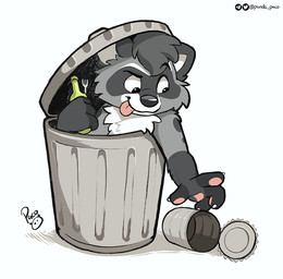 anthro bottle chest_tuft claws closed_smile container finger_claws fur glistening glistening_eyes grey_body grey_fur grey_hair hair holding_bottle holding_container holding_fork holding_object logo male mouth_closed nude pink_tongue short_hair simple_background smile solo tongue tongue_out trash_can tuft white_background white_body white_claws white_fur young young_anthro young_male pandapaco mammal procyonid raccoon artist_logo signature