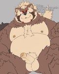 anthro balls belly brown_body brown_fur erection foreskin fur genitals hair male nipples nude one_eye_closed overweight penis ponytail solo text wink peto3001 lifewonders tokyo_afterschool_summoners goemon_(tas) canid canine mammal raccoon_dog tanuki 4:5 absurd_res english_text hi_res