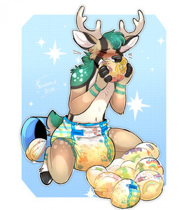 abdl anthro antlers black_body black_fur blush bodily_fluids brown_body brown_fur chest_tuft clothed clothing diaper diaper_on_face diaper_pail diaper_pile diaper_sniffing ears_aside eyes_closed fur genital_fluids green_body green_fur head_tuft holding_diaper holding_object hooves horn kneeling male multicolored_body multicolored_fur navel seiza sitting sniffing solo tail three-quarter_view touching_diaper tuft unclean_diaper urine used_diaper wearing_diaper wet_diaper white_body white_fur fructoruu deer mammal 2026 hi_res