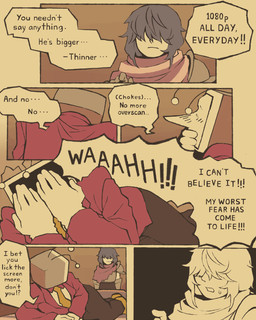 ambiguous_gender blush blush_lines clothing dialogue duo electronics for_a_head gloves handwear humor male not_furry pointy_nose screen screen_face speech_bubble television text mamaito deltarune undertale_(series) kris_dreemurr tenna_(deltarune) darkner human humanoid mammal object_head screen_head tv_head comic english_text hi_res