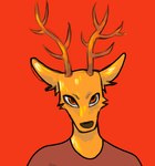 anthro antlers black_nose brown_antlers brown_clothing brown_shirt brown_topwear clothing ear_tuft front_view fur horn looking_at_viewer male orange_background orange_eyes shirt simple_background solo thin_eyebrows topwear tuft yellow_body yellow_fur flockdog beastars louis_(beastars) cervine deer mammal red_deer 2021 bust_portrait colored digital_drawing_(artwork) digital_media_(artwork) portrait shaded simple_shading