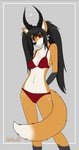 anthro bikini biped black_hair breasts clothing female hair horn jewelry long_hair looking_at_viewer ponytail pose red_eyes smile solo swimwear twintails_(hairstyle) two-piece_swimsuit under_boob furfe antelope bovid canid canine fox mammal hi_res pinup portrait three-quarter_portrait