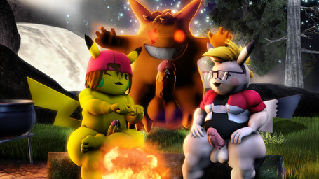 3_toes 4_fingers 5_fingers alternative_fashion anthro anthrofied balls being_watched big_balls big_penis black_tail_tip blonde_hair bodily_fluids bottomless brown_hair campfire camping clothed clothing cooking_pot dipstick_tail dripping emo erection evil_grin eye_scar eyewear facial_scar feet fingers floating forest fur genital_fluids genitals glasses glowing glowing_body glowing_eyes group hair hat hat_only headgear headgear_only headwear headwear_only huge_balls huge_penis jacket jacket_vest leaf light looking_at_another male markings moon mostly_nude musclegut muscular night orange_body orange_fur penis pink_penis pink_penis_tip plant precum precum_drip scar sharp_teeth shirt sitting smile sneaking tail tail_markings tan_body teeth thick_penis thick_thighs toes topwear tree tree_trunk trio vest yellow_body moonwulf nintendo pokemon fan_character kozmar generation_1_pokemon gengar pikachu pokemon_(species) 2025 3d_(artwork) absurd_res digital_media_(artwork) hi_res source_filmmaker_(artwork)