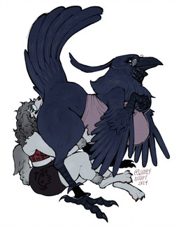 3_toes ambiguous_gender anthro avian_feet beak big_breasts bottomless bottomwear breasts butt butt_smother clothed clothing crop_top crouching digitigrade duo eyewear feathers feet female female/ambiguous glasses grey_hair hair head_feathers looking_at_another looking_at_partner looking_back looking_back_at_another looking_back_at_partner round_glasses scutes shirt shorts side_view simple_background sitting smile smothering tail tail_feathers thick_thighs toes topwear white_background miistniight avian bird canid corvid corvus_(genus) mammal oscine passerine 2024 hi_res