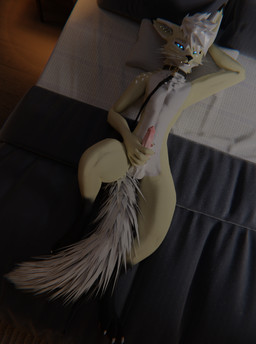animal_genitalia animal_penis anthro balls bed bedding bedroom blanket blue_eyes canine_genitalia canine_penis claws collar erection fur furniture genitals hair handjob heart_(marking) inside knot leash looking_at_viewer lying male markings masturbation nude on_bed penile penis pillow sex sheath simple_background smile solo spots spotted_markings tail white_body white_fur yellow_body yellow_fur hjortar canid canine fox mammal rexouium 3d_(artwork) absurd_res blender_(artwork) digital_media_(artwork) hi_res