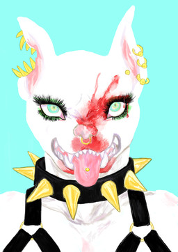 alternative_fashion anthro blood blood_on_face bodily_fluids collar ear_piercing ear_ring facial_piercing female fur makeup nose_piercing nose_ring open_mouth piercing punk ring_piercing septum_piercing simple_background smile solo spiked_collar spikes teeth tongue tongue_out tongue_piercing white_body white_fur wounded kyokyota canid canine canis domestic_dog mammal pit_bull 2019 absurd_res digital_media_(artwork) hi_res portrait