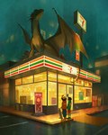 ambiguous_gender black_hair clothed clothing convenience_store detailed_background feral green_body green_scales group hair outside quadruped scales skateboard tail vehicle tamberella 7-eleven mythology dragon human mammal mythological_creature mythological_scalie scalie 4:5 hi_res